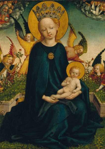 Klappkarte - Maria mit dem Jesuskind vor der Rasenbank